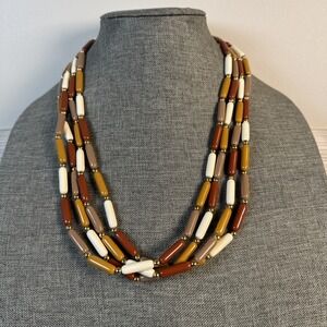 Vintage multicolor tubes 4 strand plastic Gold tone beaded necklace 25"